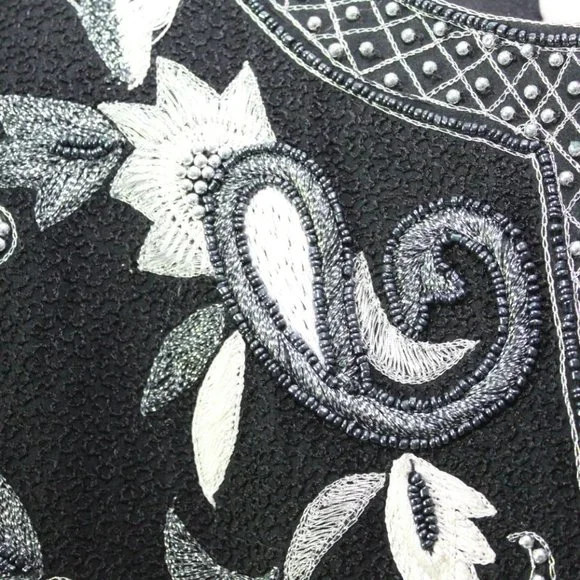 Vintage Laurence Kazar Silk Beaded Embroidered Blazer Jacket Black XL H13428 - Picture 3 of 12